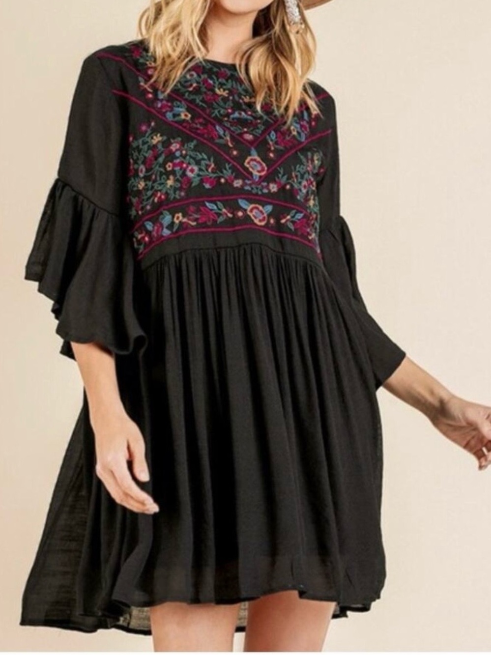 Umgee Black Mini Boho Dress with Floral Embroidery